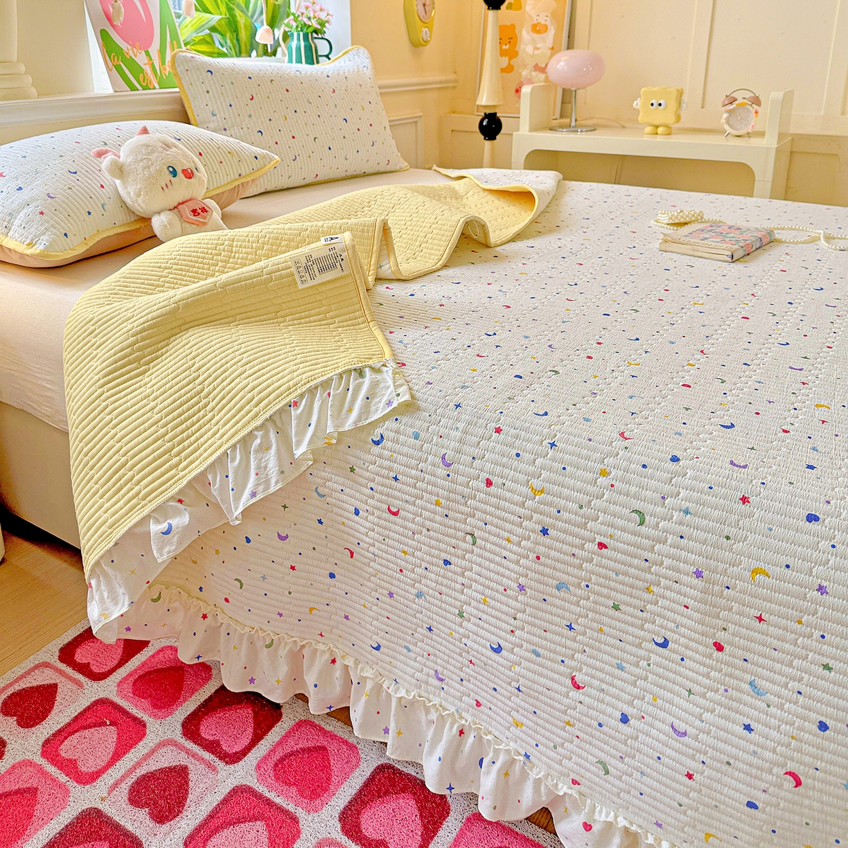 91家纺网 家纺一手货源 找家纺 恒尚居 2026新款云感皱皱纱床盖花边床单双层纱床盖三件套-四季款 花边款-星月