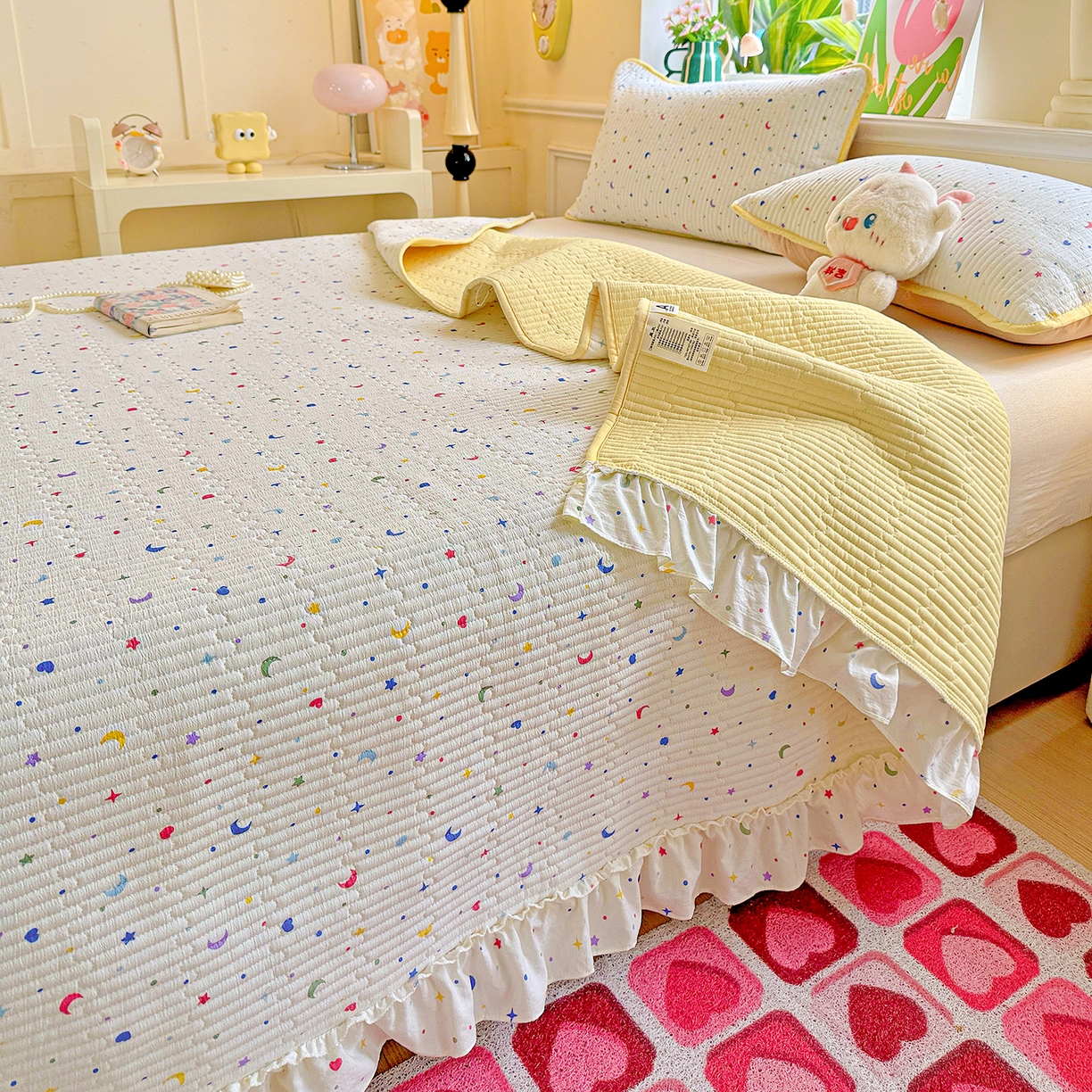 91家纺网 家纺一手货源 找家纺 恒尚居 2026新款云感皱皱纱床盖花边床单双层纱床盖三件套-四季款 花边款-星月