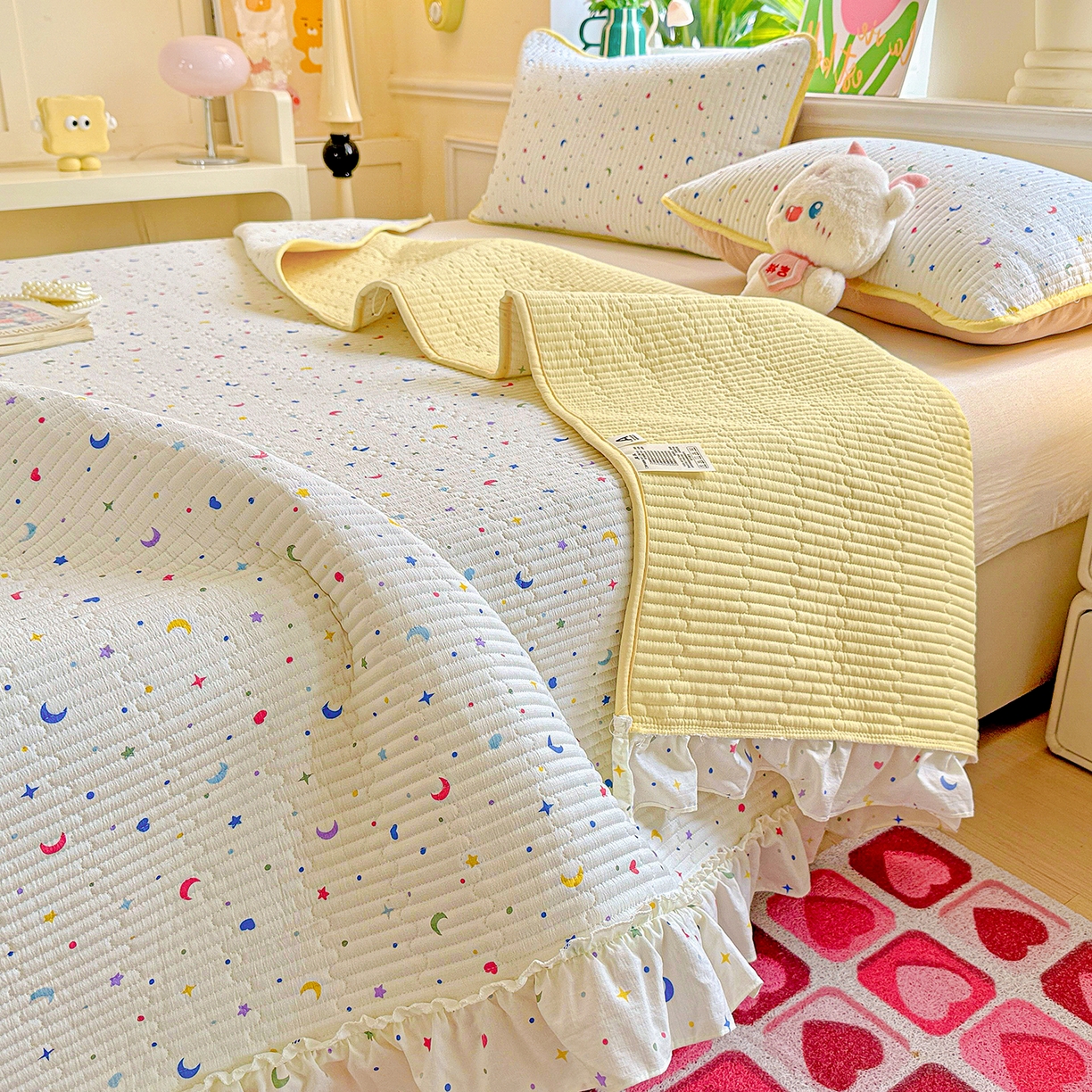 91家纺网 家纺一手货源 找家纺 恒尚居 2026新款云感皱皱纱床盖花边床单双层纱床盖三件套-四季款 花边款-星月