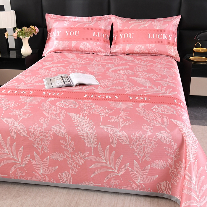 91家纺网 家纺一手货源 找家纺 绒品壹家家纺 2026新款立体数码印花凉感丝冰丝席软凉席席子三件套 相思  桔粉