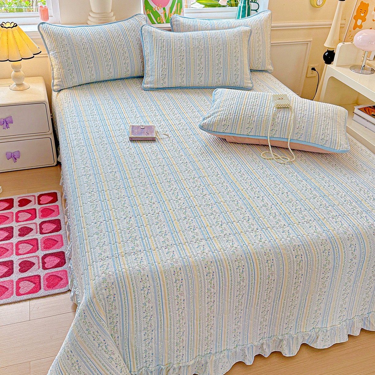 91家纺网 家纺一手货源 找家纺 恒尚居 2026新款云感皱皱纱床盖花边床单双层纱床盖三件套-四季款 花边款-阳光庄园