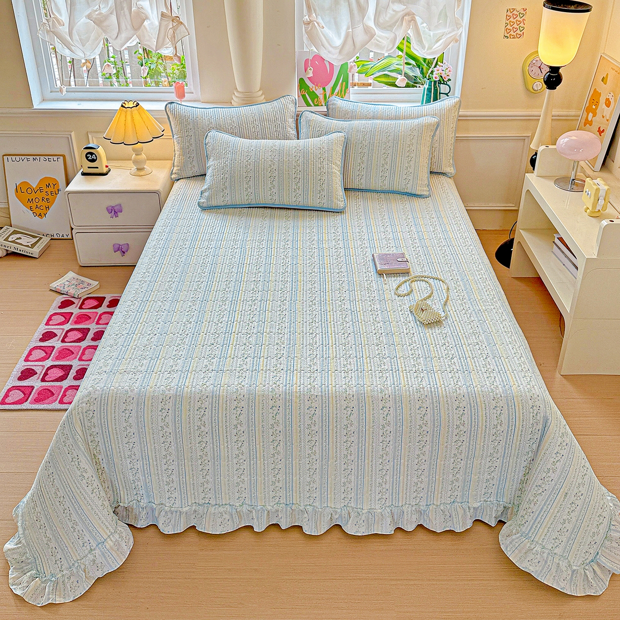 91家纺网 家纺一手货源 找家纺 恒尚居 2026新款云感皱皱纱床盖花边床单双层纱床盖三件套-四季款 花边款-阳光庄园