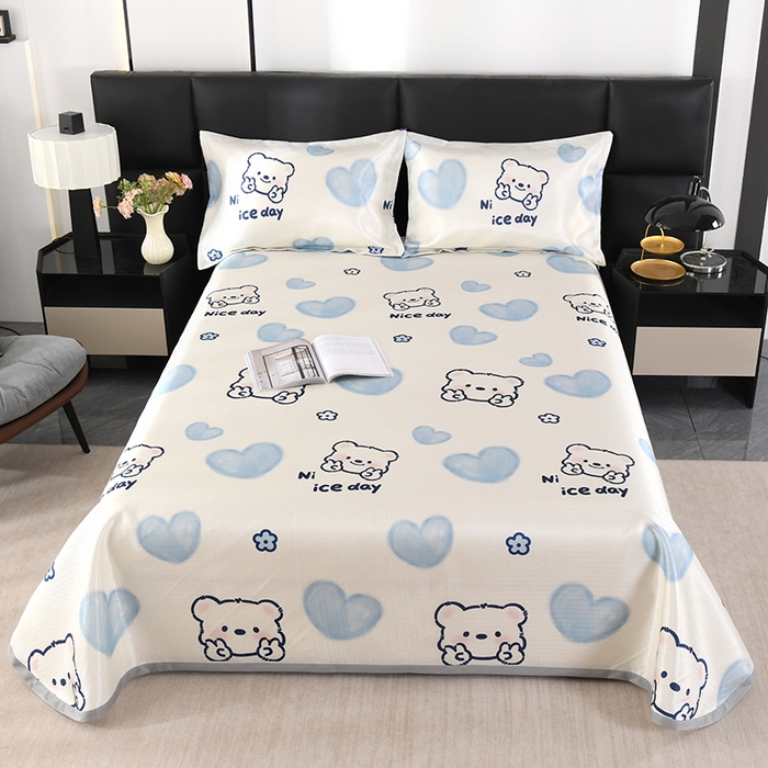 绒品壹家家纺 2026新款立体数码印花凉感丝冰丝席软凉席席子三件套 小熊  蓝