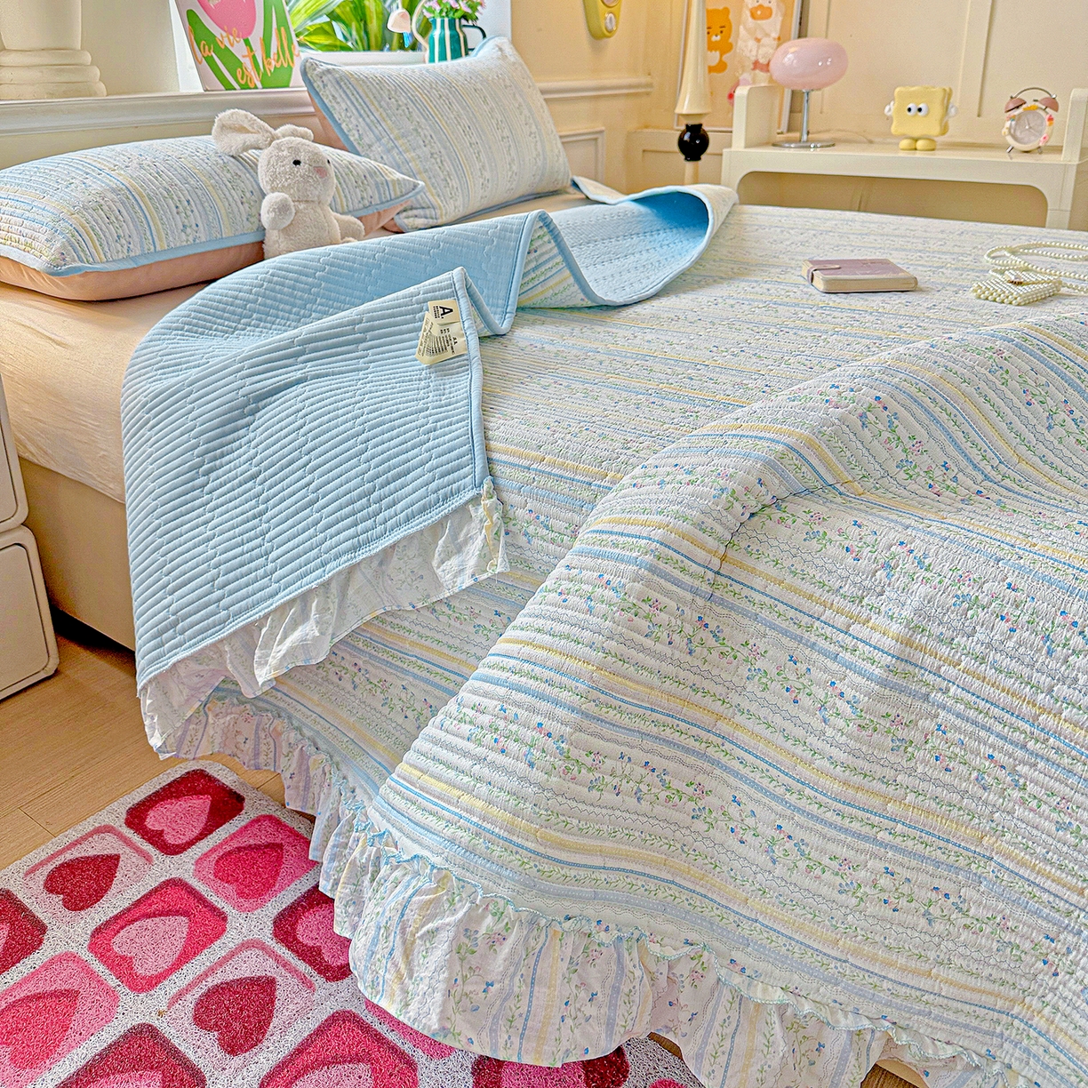 91家纺网 家纺一手货源 找家纺 恒尚居 2026新款云感皱皱纱床盖花边床单双层纱床盖三件套-四季款 花边款-阳光庄园