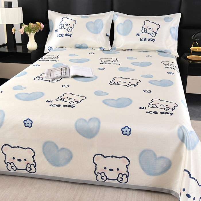 91家纺网 家纺一手货源 找家纺 绒品壹家家纺 2026新款立体数码印花凉感丝冰丝席软凉席席子三件套 小熊  蓝