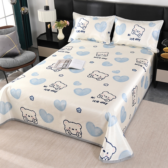 91家纺网 家纺一手货源 找家纺 绒品壹家家纺 2026新款立体数码印花凉感丝冰丝席软凉席席子三件套 小熊  蓝