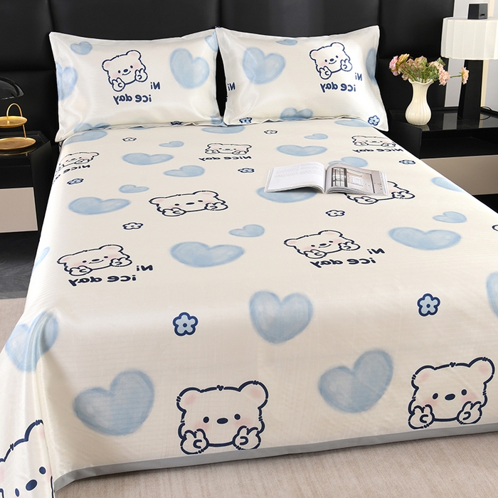 91家纺网 家纺一手货源 找家纺 绒品壹家家纺 2026新款立体数码印花凉感丝冰丝席软凉席席子三件套 小熊  蓝