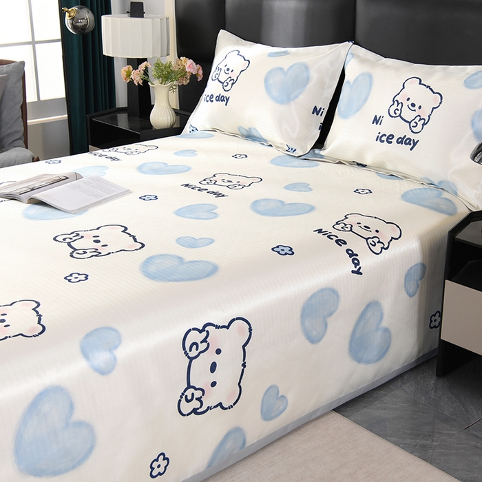 91家纺网 家纺一手货源 找家纺 绒品壹家家纺 2026新款立体数码印花凉感丝冰丝席软凉席席子三件套 小熊  蓝