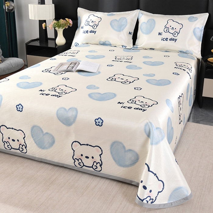 91家纺网 家纺一手货源 找家纺 绒品壹家家纺 2026新款立体数码印花凉感丝冰丝席软凉席席子三件套 小熊  蓝