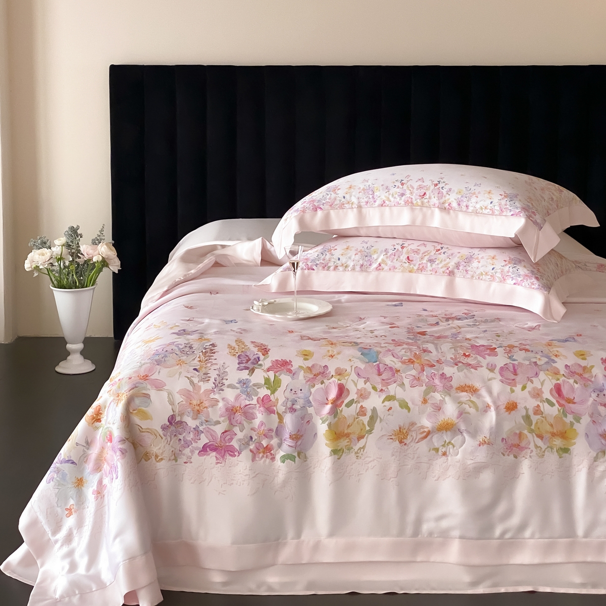 91家纺网 家纺一手货源 找家纺 云栖家居 2026新款60天丝数码印花夏被四件套-绮梦花间 绮梦花涧-粉