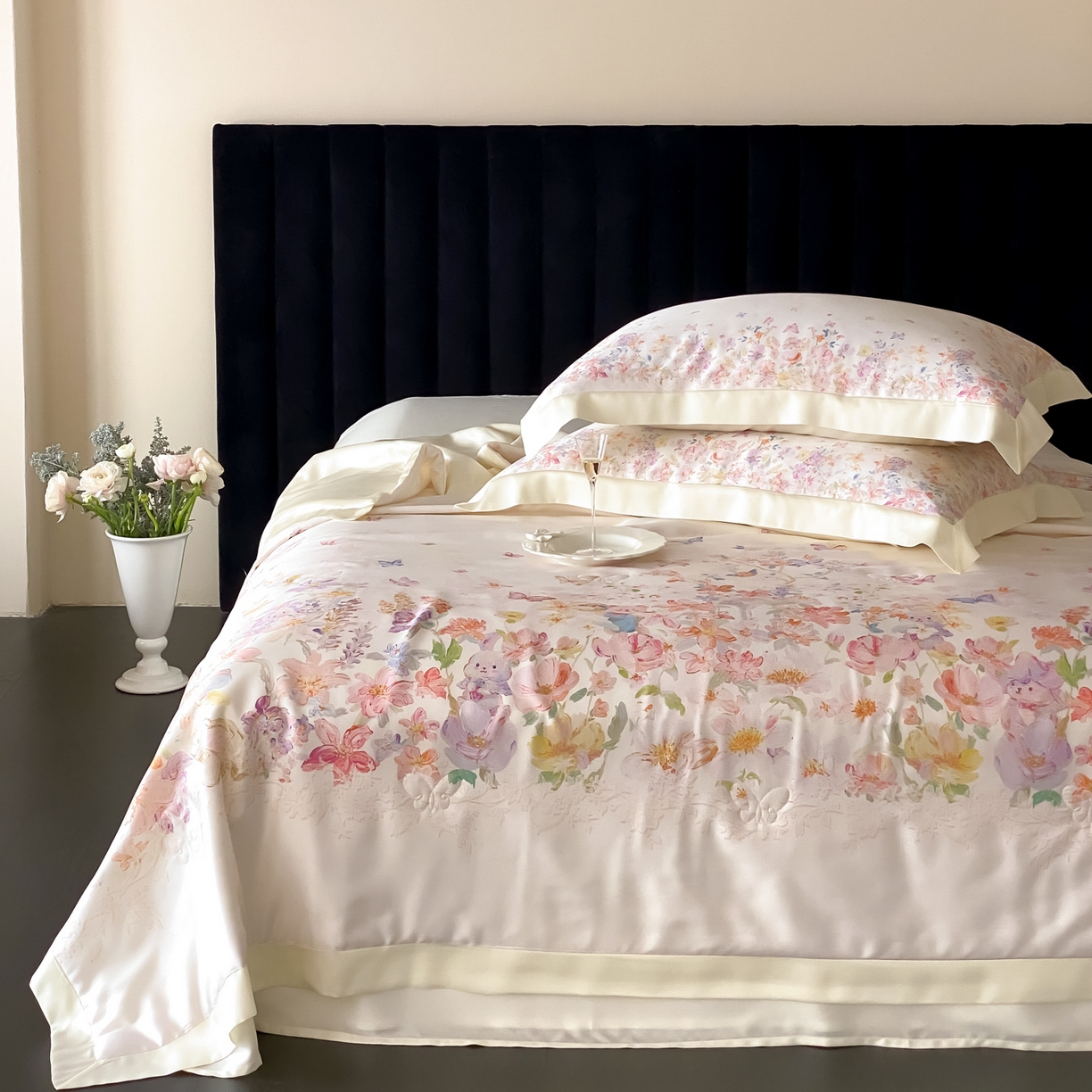 91家纺网 家纺一手货源 找家纺 云栖家居 2026新款60天丝数码印花夏被四件套-绮梦花间 绮梦花涧-香槟