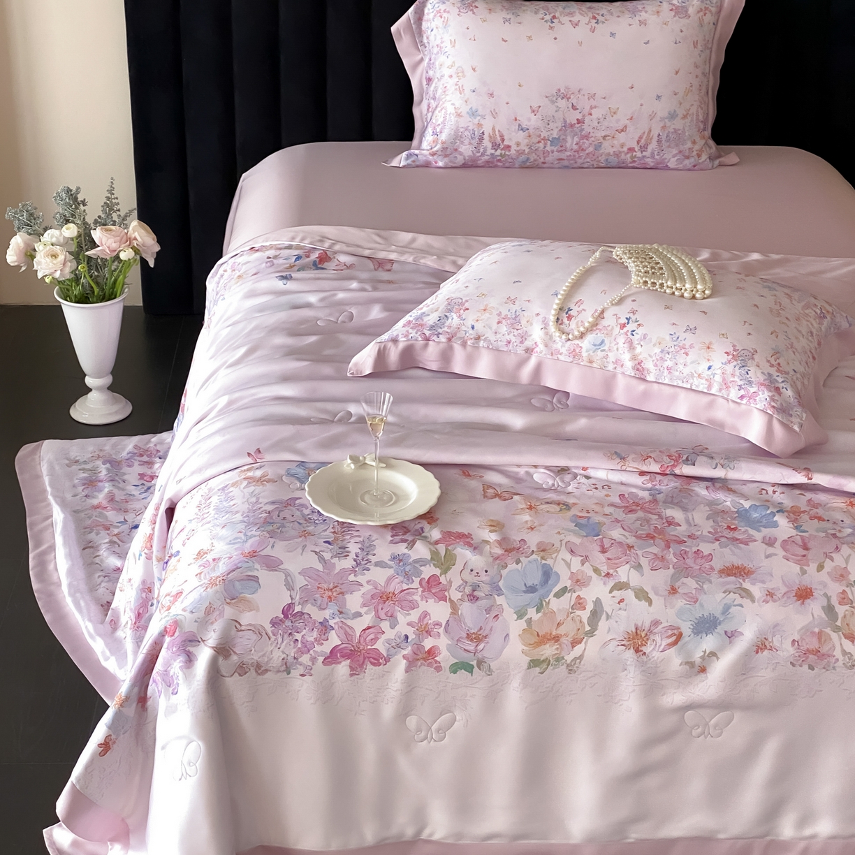 91家纺网 家纺一手货源 找家纺 云栖家居 2026新款60天丝数码印花夏被四件套-绮梦花间 绮梦花涧-紫