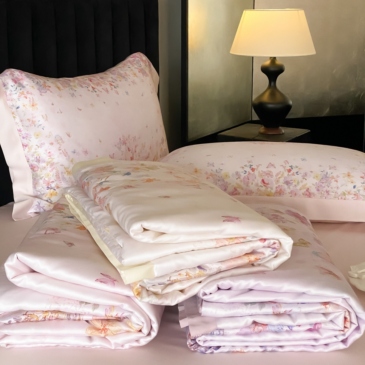 91家纺网 家纺一手货源 找家纺 云栖家居 2026新款60天丝数码印花夏被四件套-绮梦花间 组合图