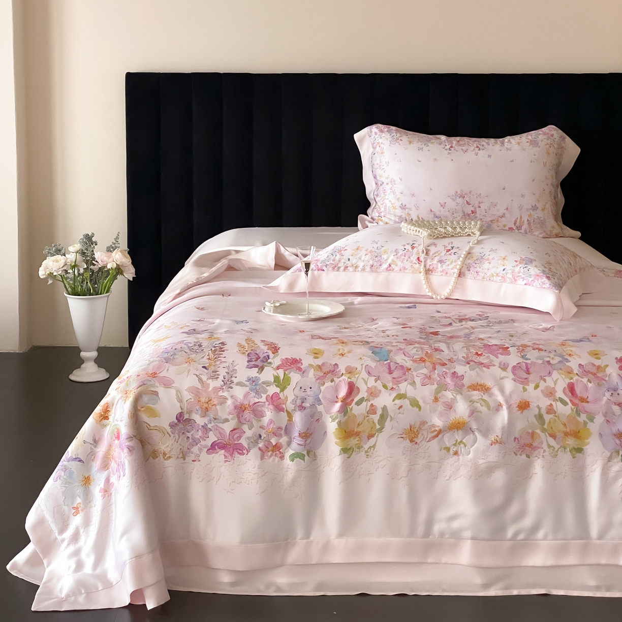 91家纺网 家纺一手货源 找家纺 云栖家居 2026新款60天丝数码印花夏被四件套-绮梦花间 绮梦花涧-粉