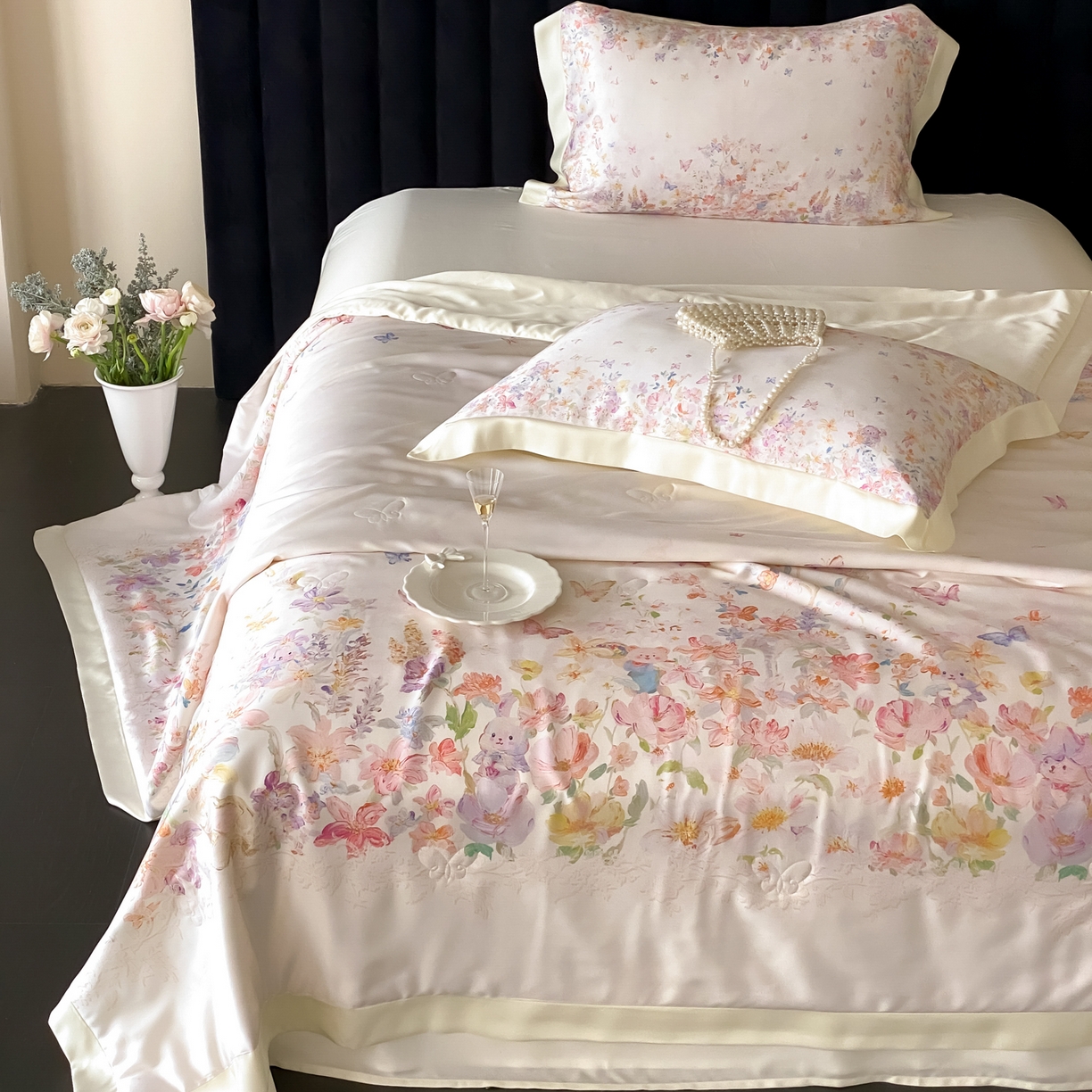 91家纺网 家纺一手货源 找家纺 云栖家居 2026新款60天丝数码印花夏被四件套-绮梦花间 绮梦花涧-香槟