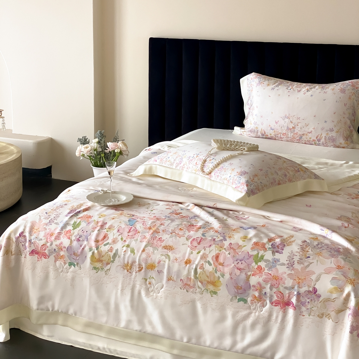 91家纺网 家纺一手货源 找家纺 云栖家居 2026新款60天丝数码印花夏被四件套-绮梦花间 绮梦花涧-香槟