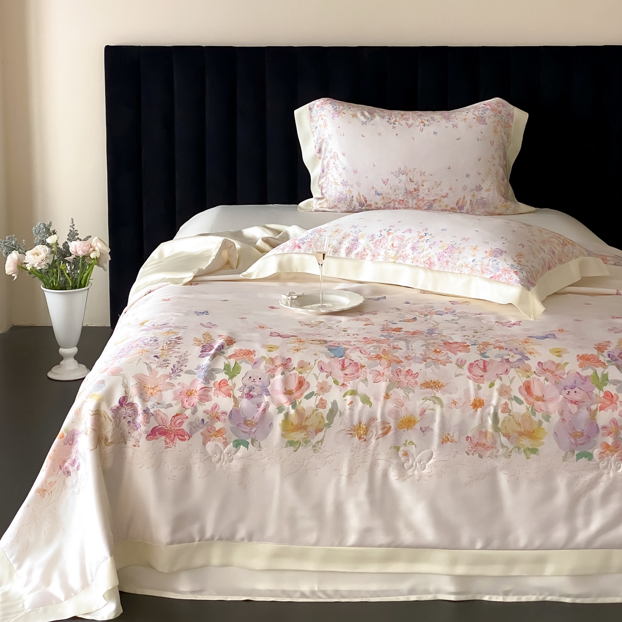 91家纺网 家纺一手货源 找家纺 云栖家居 2026新款60天丝数码印花夏被四件套-绮梦花间 绮梦花涧-香槟