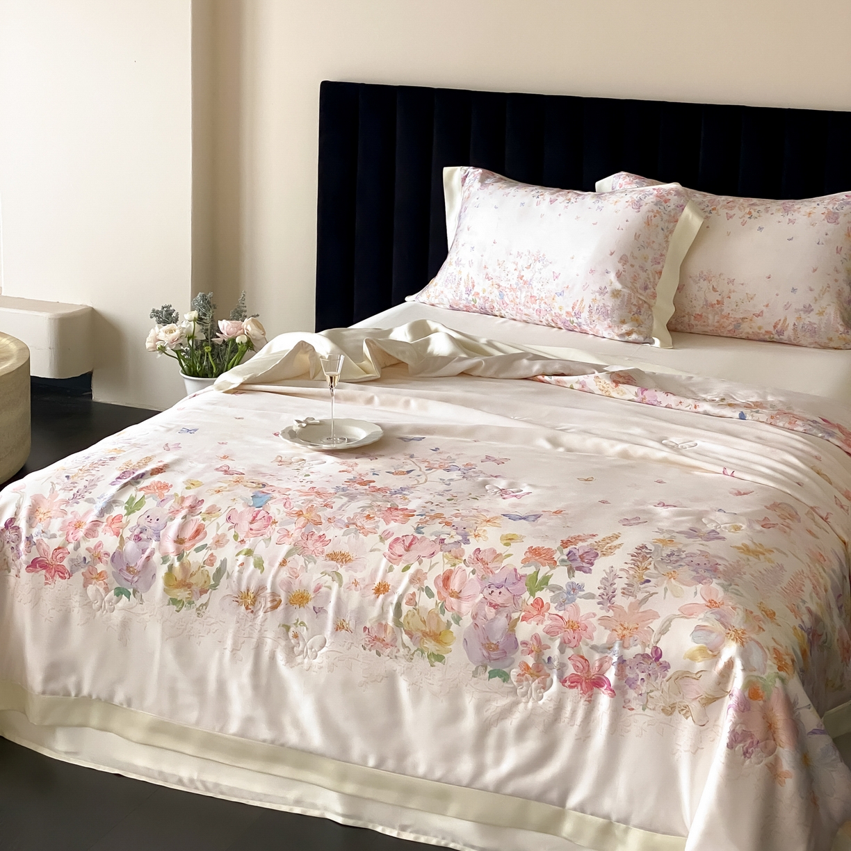 91家纺网 家纺一手货源 找家纺 云栖家居 2026新款60天丝数码印花夏被四件套-绮梦花间 绮梦花涧-香槟