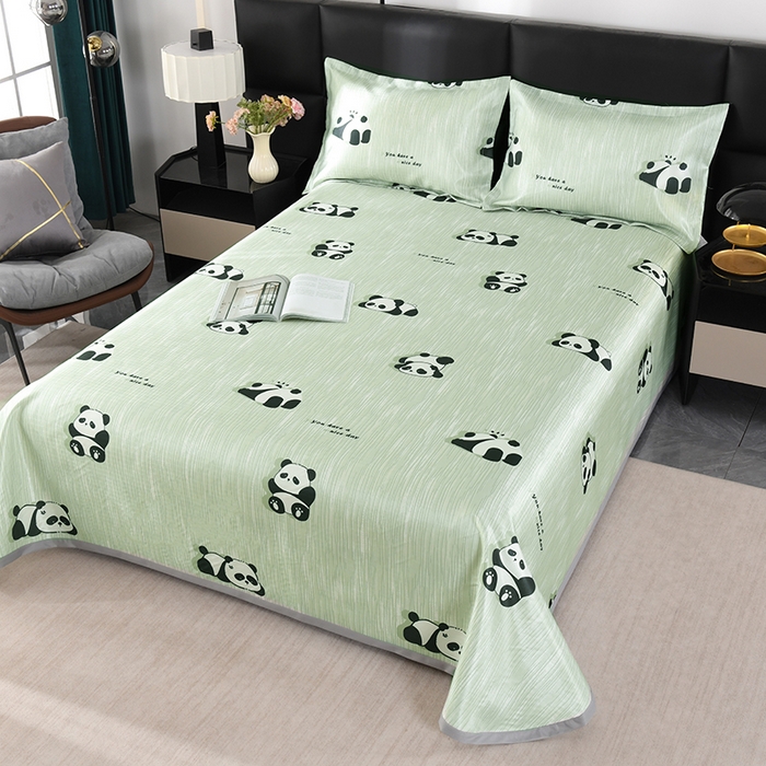 91家纺网 家纺一手货源 找家纺 绒品壹家家纺 2026新款立体数码印花凉感丝冰丝席软凉席席子三件套 熊猫 绿