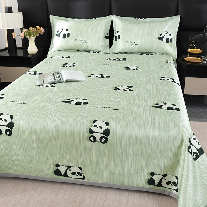 91家纺网 家纺一手货源 找家纺 绒品壹家家纺 2026新款立体数码印花凉感丝冰丝席软凉席席子三件套 熊猫 绿