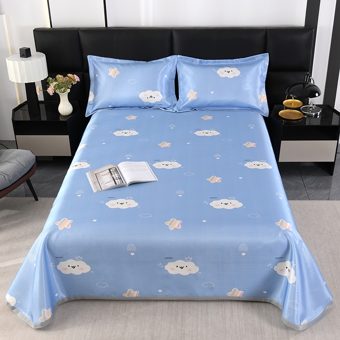 绒品壹家家纺 2026新款立体数码印花凉感丝冰丝席软凉席席子三件套 云朵  蓝