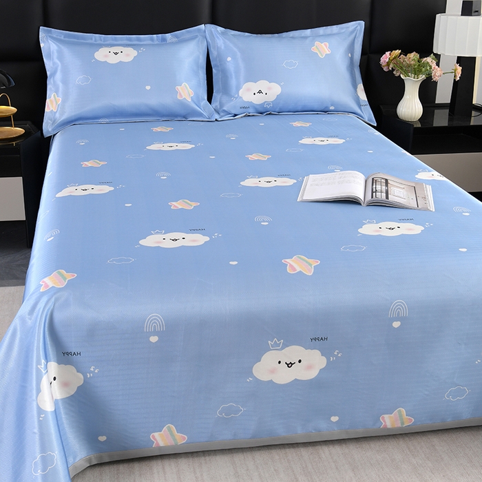 91家纺网 家纺一手货源 找家纺 绒品壹家家纺 2026新款立体数码印花凉感丝冰丝席软凉席席子三件套 云朵  蓝