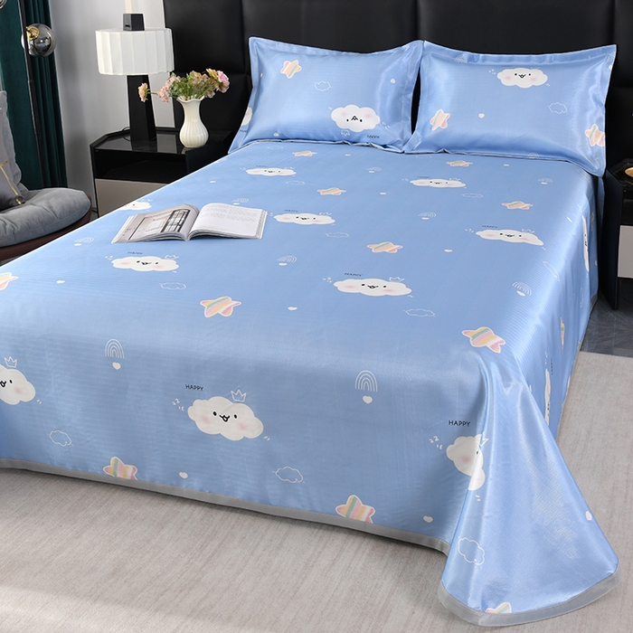 91家纺网 家纺一手货源 找家纺 绒品壹家家纺 2026新款立体数码印花凉感丝冰丝席软凉席席子三件套 云朵  蓝