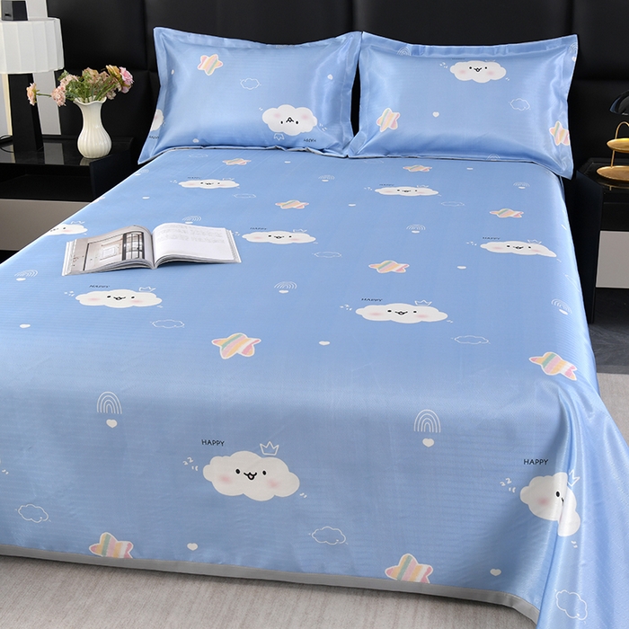 91家纺网 家纺一手货源 找家纺 绒品壹家家纺 2026新款立体数码印花凉感丝冰丝席软凉席席子三件套 云朵  蓝