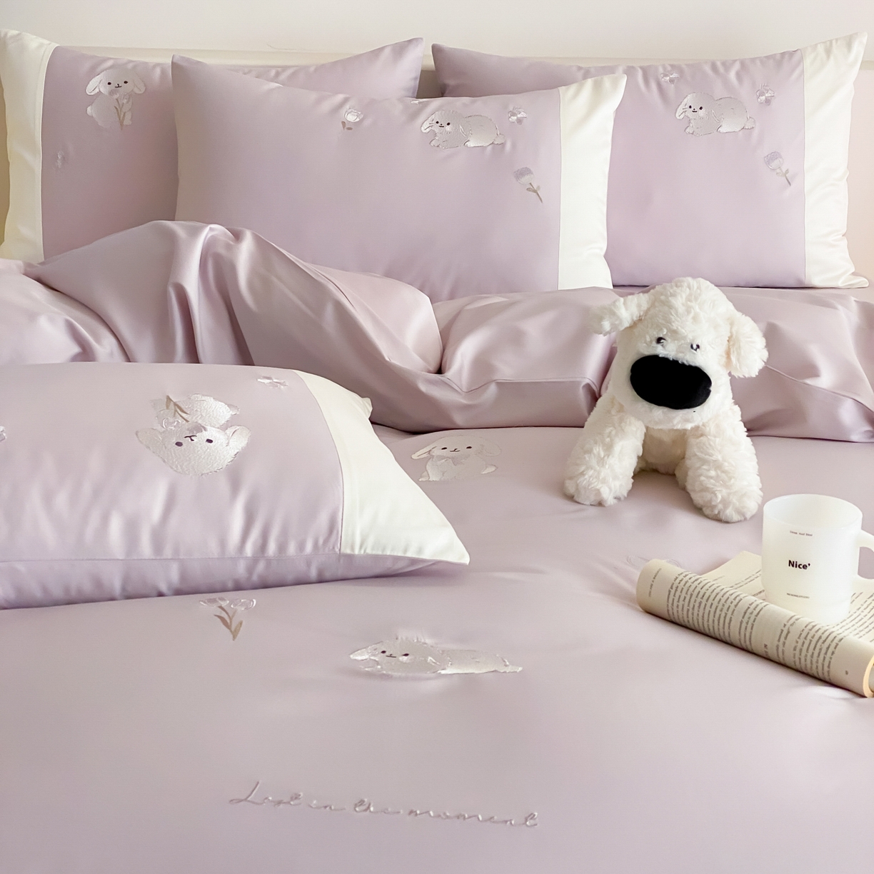 91家纺网 家纺一手货源 找家纺 云栖家居 2026新款50支长绒棉拼角卡通纯棉刺绣-小萌兔 小萌兔-紫