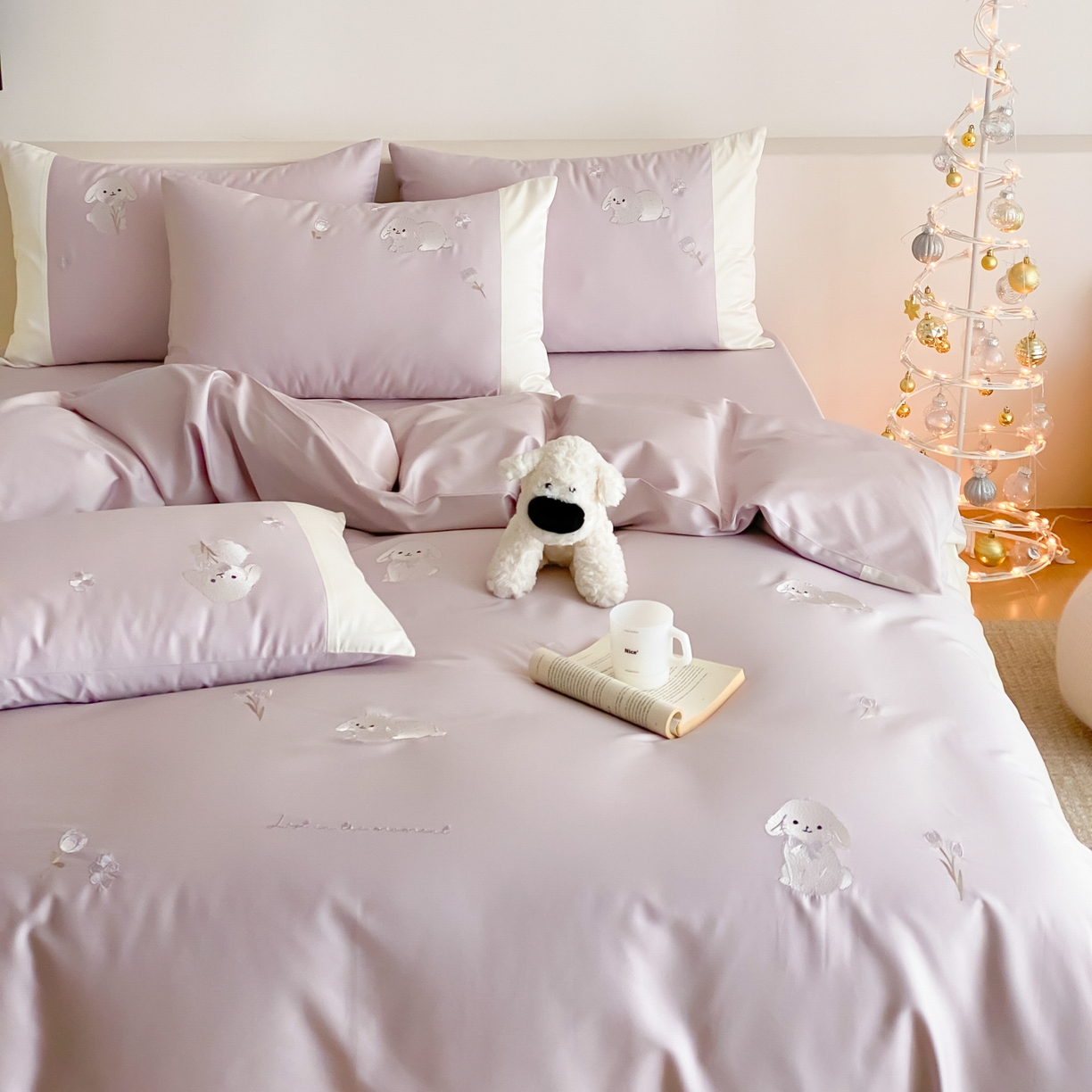 91家纺网 家纺一手货源 找家纺 云栖家居 2026新款50支长绒棉拼角卡通纯棉刺绣-小萌兔 小萌兔-紫