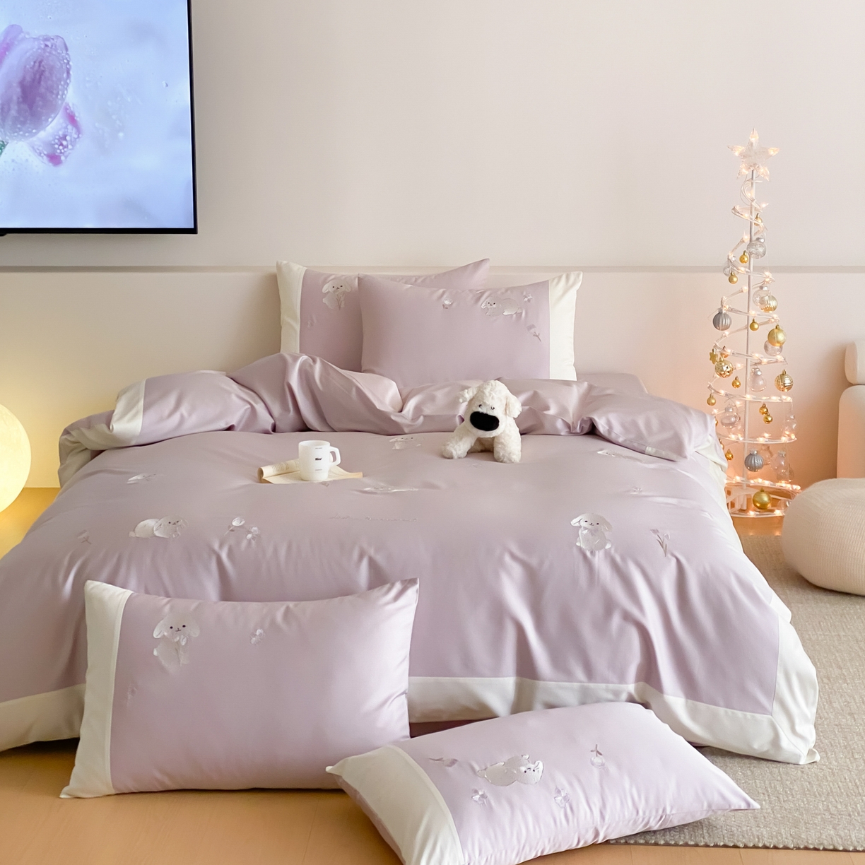 91家纺网 家纺一手货源 找家纺 云栖家居 2026新款50支长绒棉拼角卡通纯棉刺绣-小萌兔 小萌兔-紫