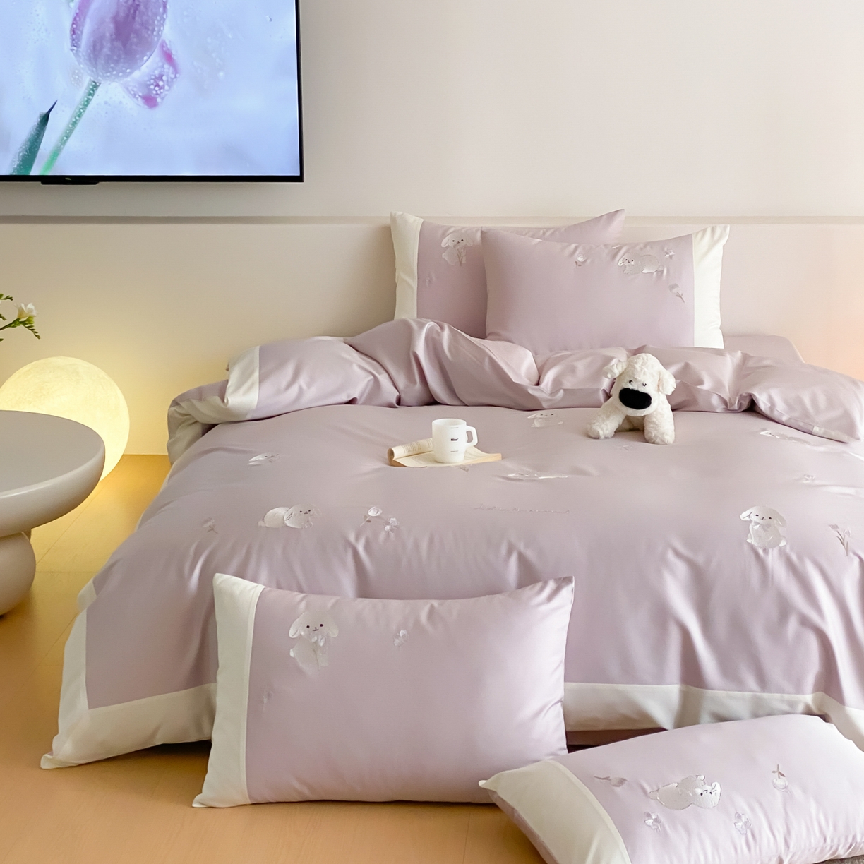 91家纺网 家纺一手货源 找家纺 云栖家居 2026新款50支长绒棉拼角卡通纯棉刺绣-小萌兔 小萌兔-紫