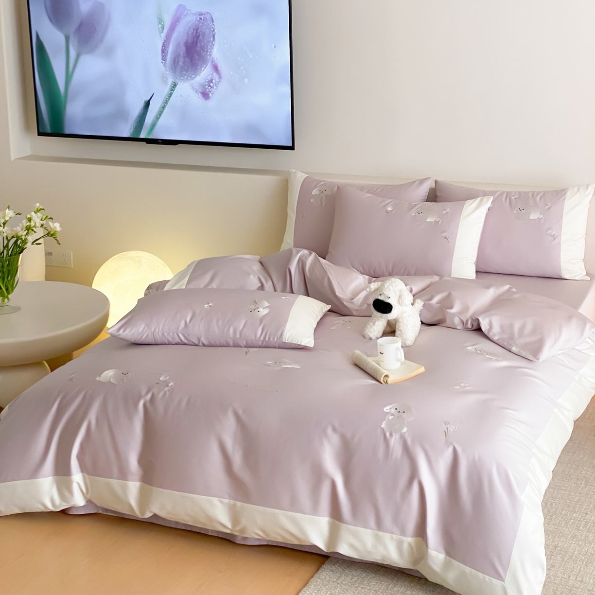 91家纺网 家纺一手货源 找家纺 云栖家居 2026新款50支长绒棉拼角卡通纯棉刺绣-小萌兔 小萌兔-紫