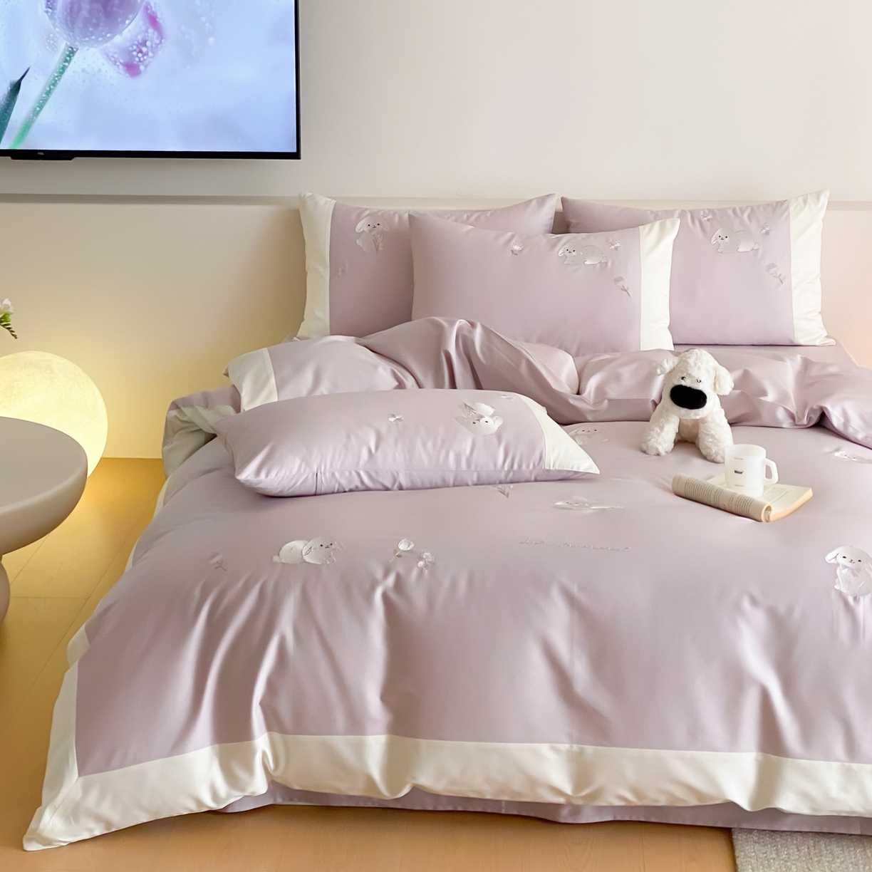 91家纺网 家纺一手货源 找家纺 云栖家居 2026新款50支长绒棉拼角卡通纯棉刺绣-小萌兔 小萌兔-紫