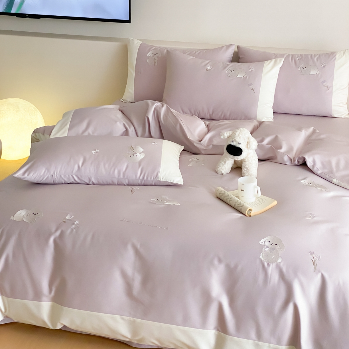 91家纺网 家纺一手货源 找家纺 云栖家居 2026新款50支长绒棉拼角卡通纯棉刺绣-小萌兔 小萌兔-紫