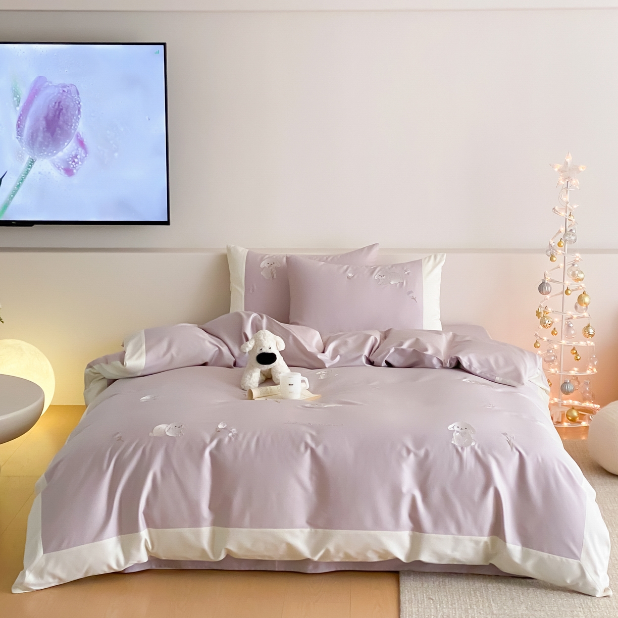 91家纺网 家纺一手货源 找家纺 云栖家居 2026新款50支长绒棉拼角卡通纯棉刺绣-小萌兔 小萌兔-紫