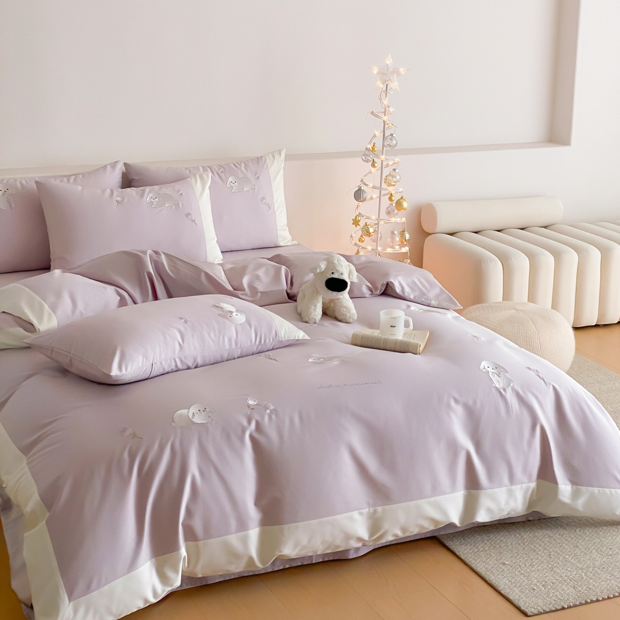 91家纺网 家纺一手货源 找家纺 云栖家居 2026新款50支长绒棉拼角卡通纯棉刺绣-小萌兔 小萌兔-紫