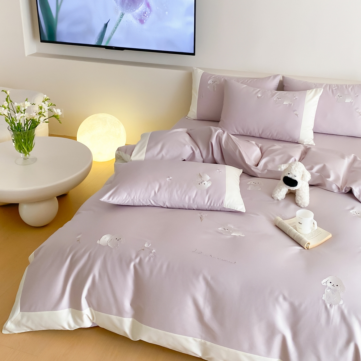 91家纺网 家纺一手货源 找家纺 云栖家居 2026新款50支长绒棉拼角卡通纯棉刺绣-小萌兔 小萌兔-紫