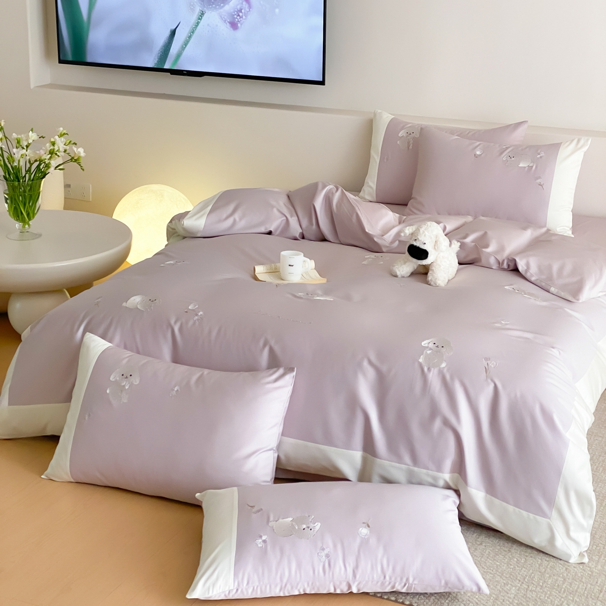 91家纺网 家纺一手货源 找家纺 云栖家居 2026新款50支长绒棉拼角卡通纯棉刺绣-小萌兔 小萌兔-紫