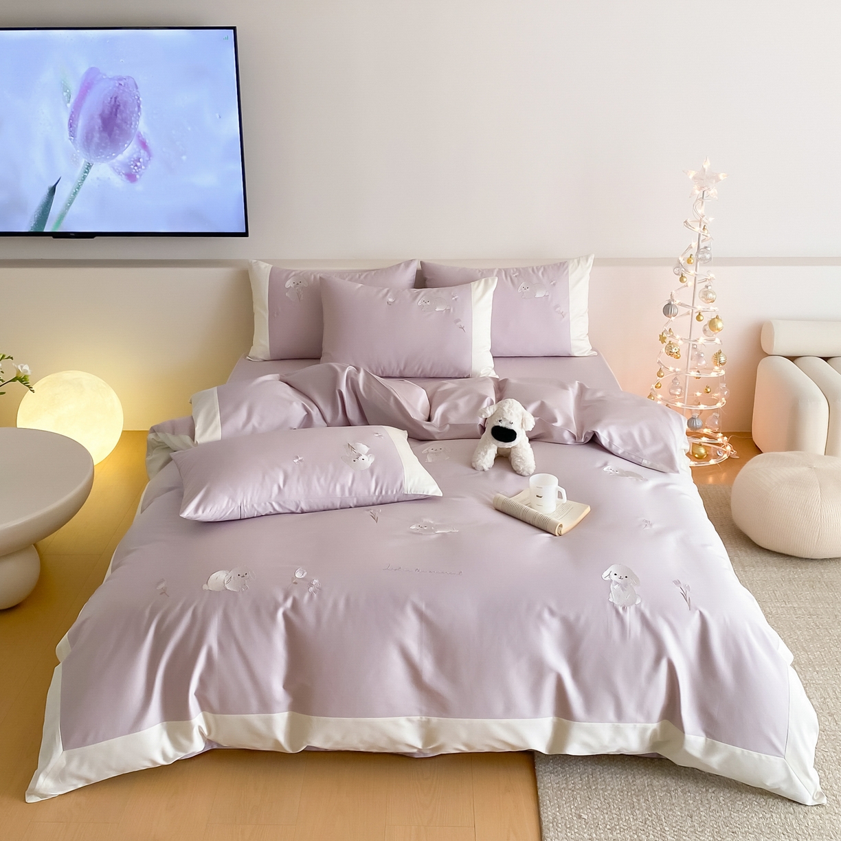 91家纺网 家纺一手货源 找家纺 云栖家居 2026新款50支长绒棉拼角卡通纯棉刺绣-小萌兔 小萌兔-紫