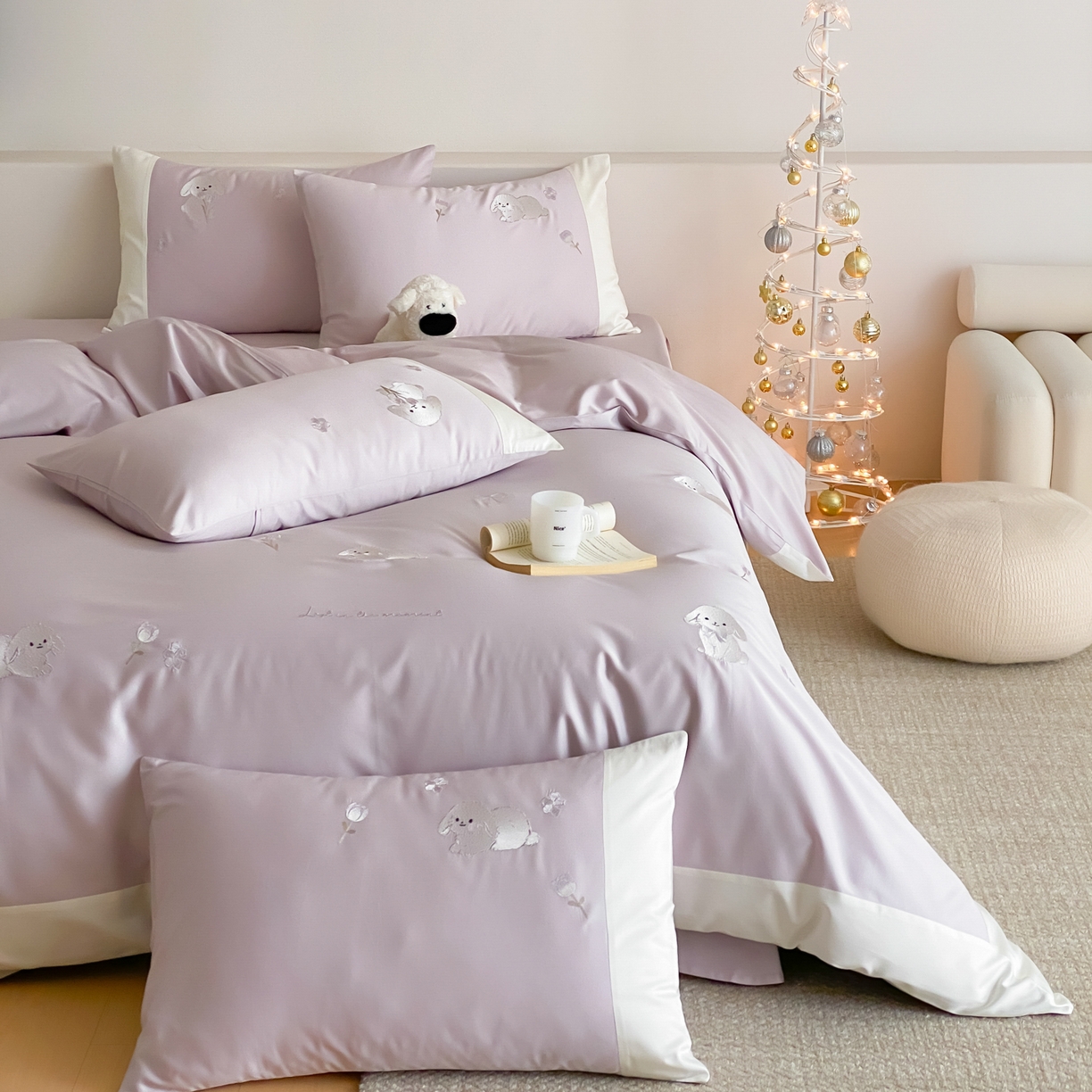 91家纺网 家纺一手货源 找家纺 云栖家居 2026新款50支长绒棉拼角卡通纯棉刺绣-小萌兔 小萌兔-紫