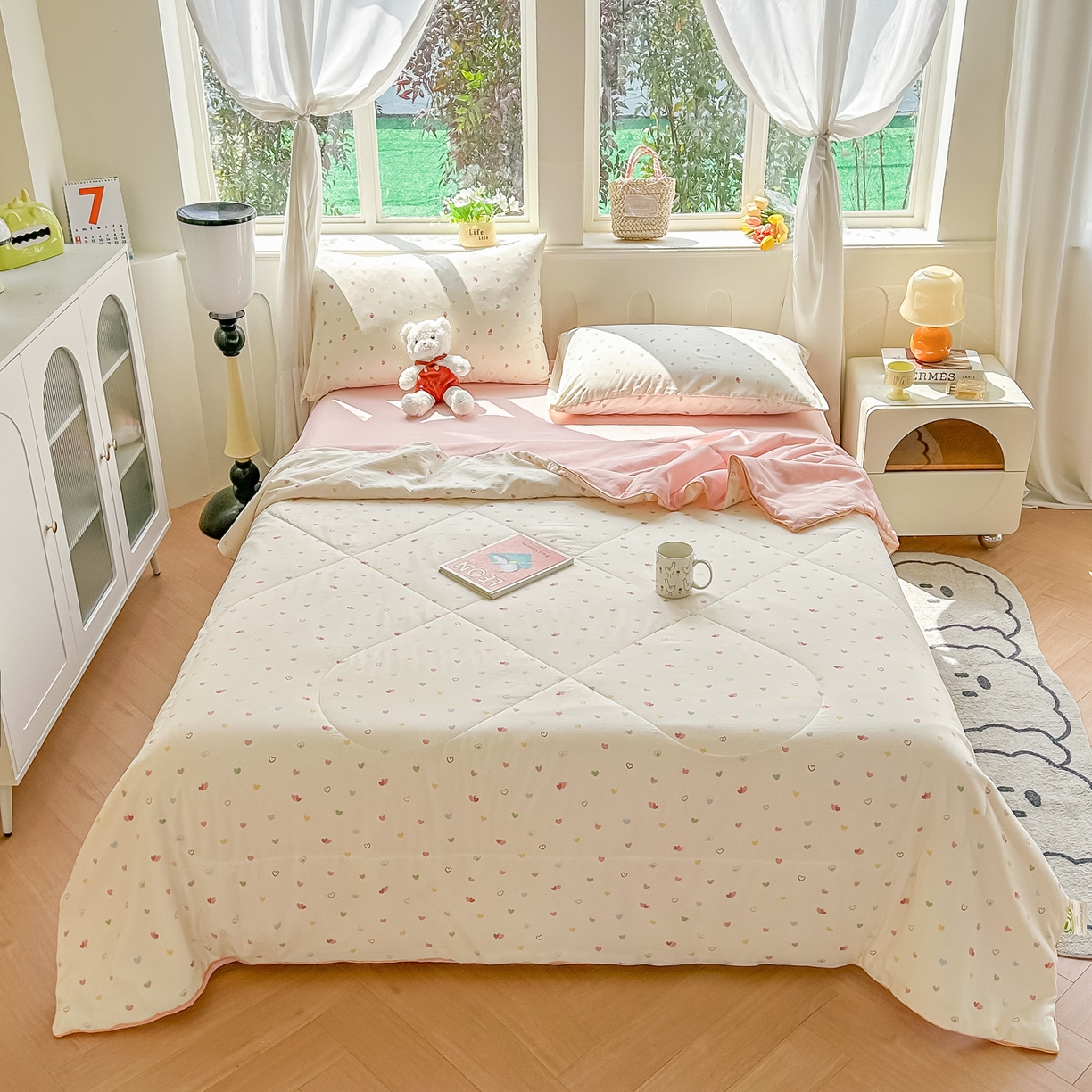 91家纺网 家纺一手货源 找家纺 富艺隆 2026新款A类水洗棉双层纱夏被空调被 皱皱纱夏凉被 爱心手礼