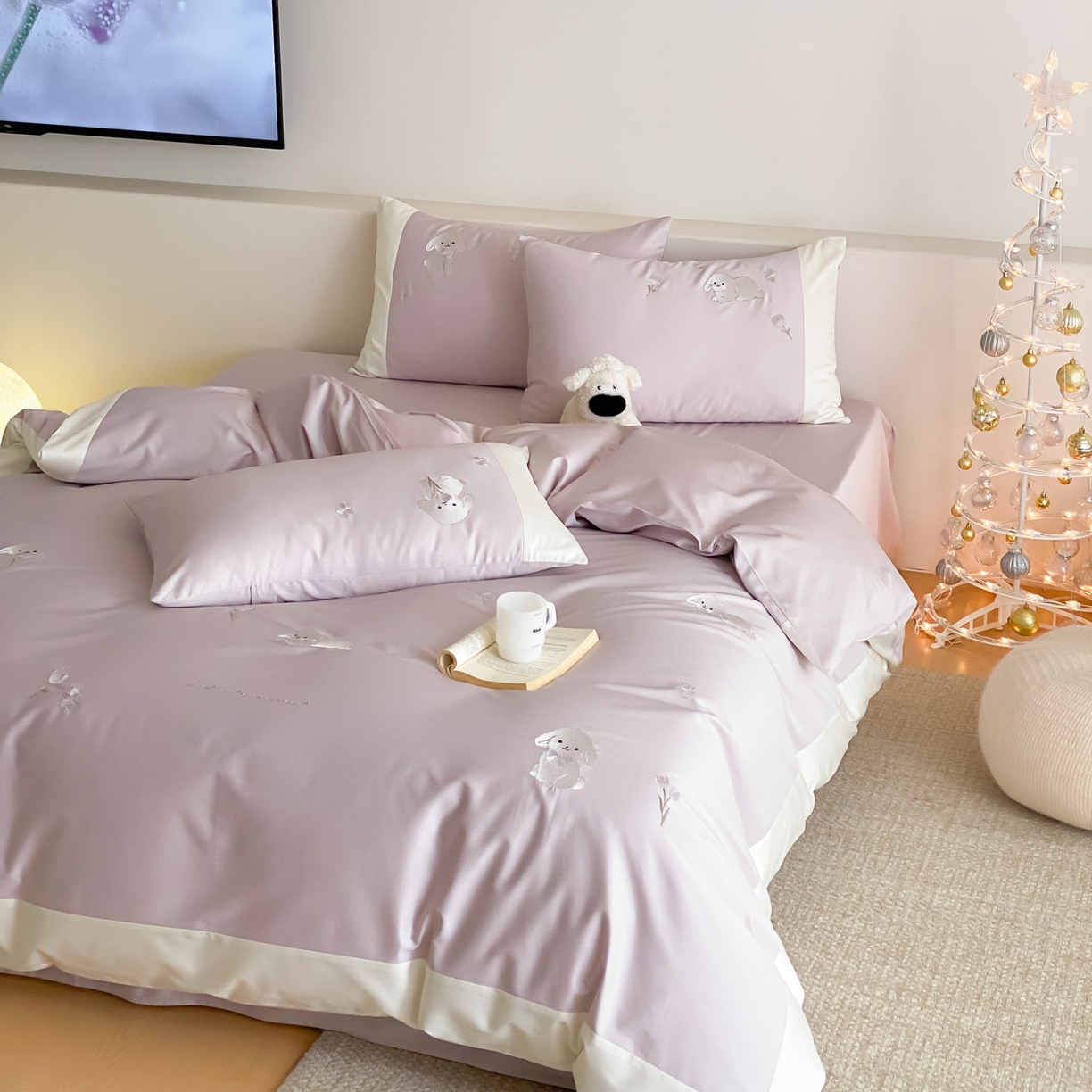 91家纺网 家纺一手货源 找家纺 云栖家居 2026新款50支长绒棉拼角卡通纯棉刺绣-小萌兔 小萌兔-紫