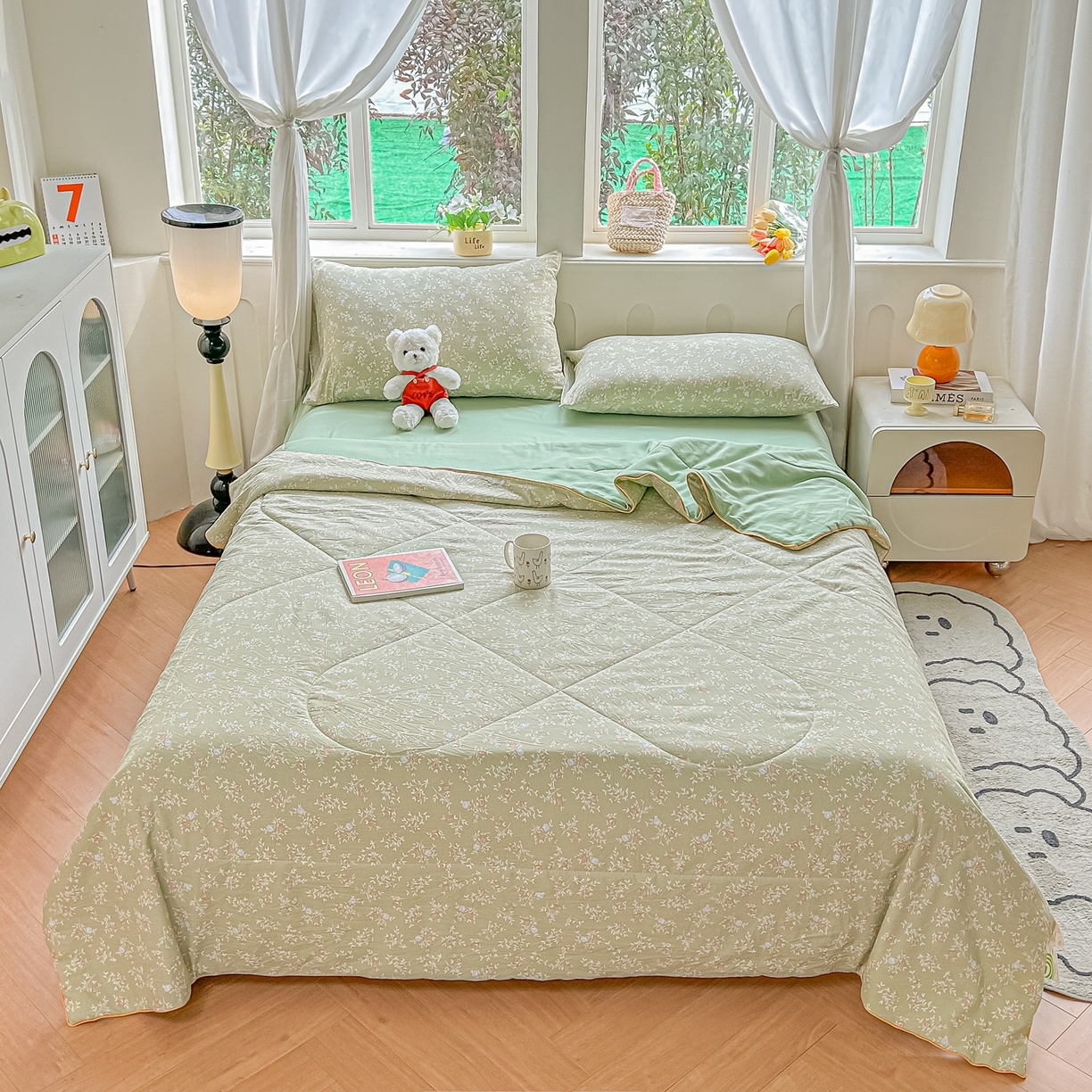 91家纺网 家纺一手货源 找家纺 富艺隆 2026新款A类水洗棉双层纱夏被空调被 皱皱纱夏凉被 春江雾