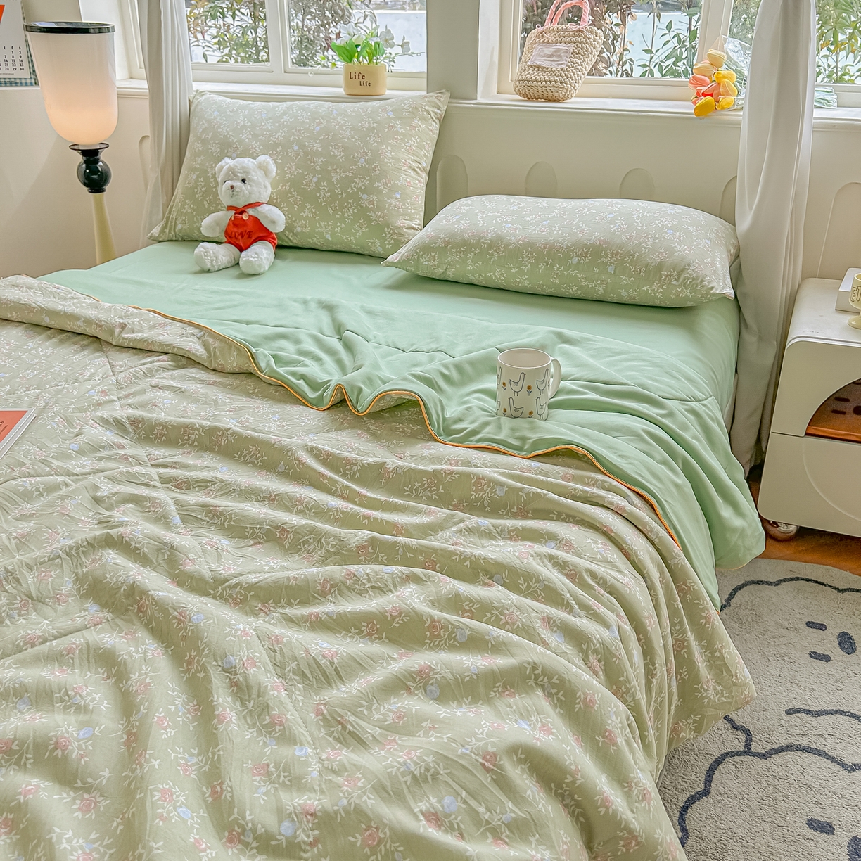 91家纺网 家纺一手货源 找家纺 富艺隆 2026新款A类水洗棉双层纱夏被空调被 皱皱纱夏凉被 春江雾