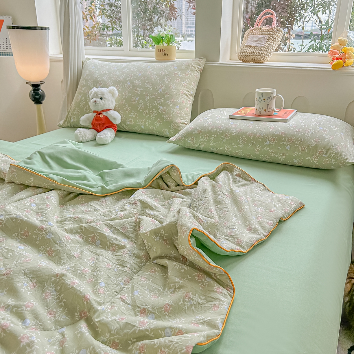 91家纺网 家纺一手货源 找家纺 富艺隆 2026新款A类水洗棉双层纱夏被空调被 皱皱纱夏凉被 春江雾