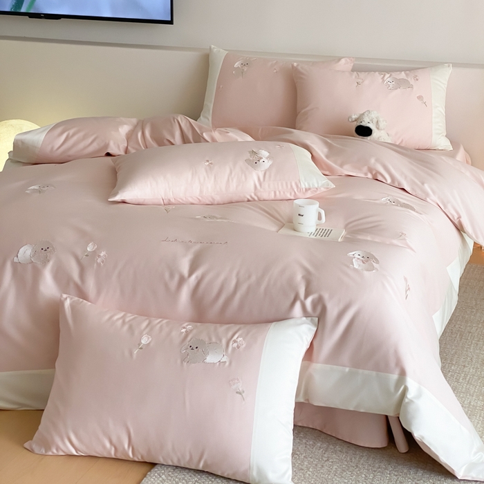 云栖家居 2026新款50支长绒棉拼角卡通纯棉刺绣-小萌兔 小萌兔-粉