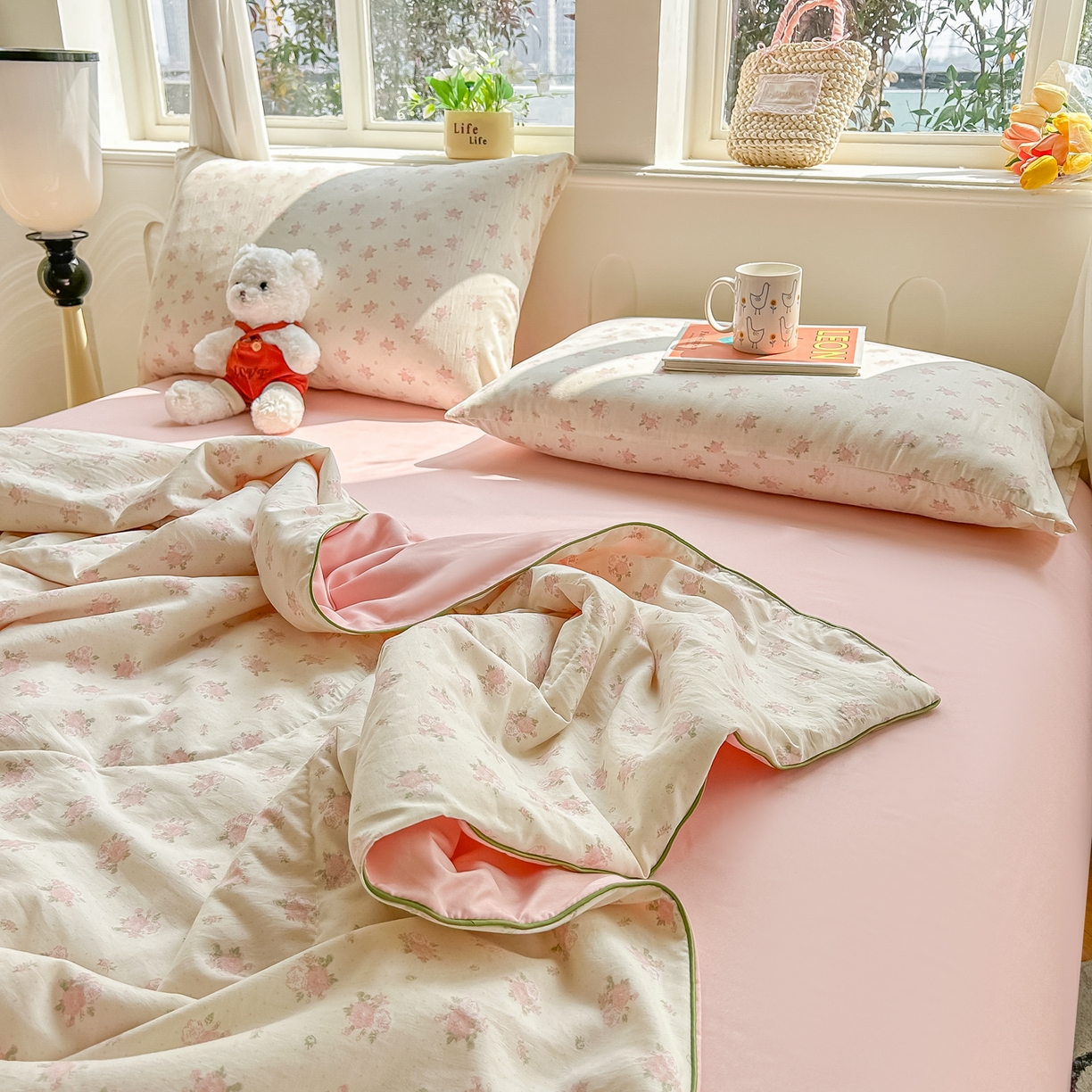 91家纺网 家纺一手货源 找家纺 富艺隆 2026新款A类水洗棉双层纱夏被空调被 皱皱纱夏凉被 槐夏风情