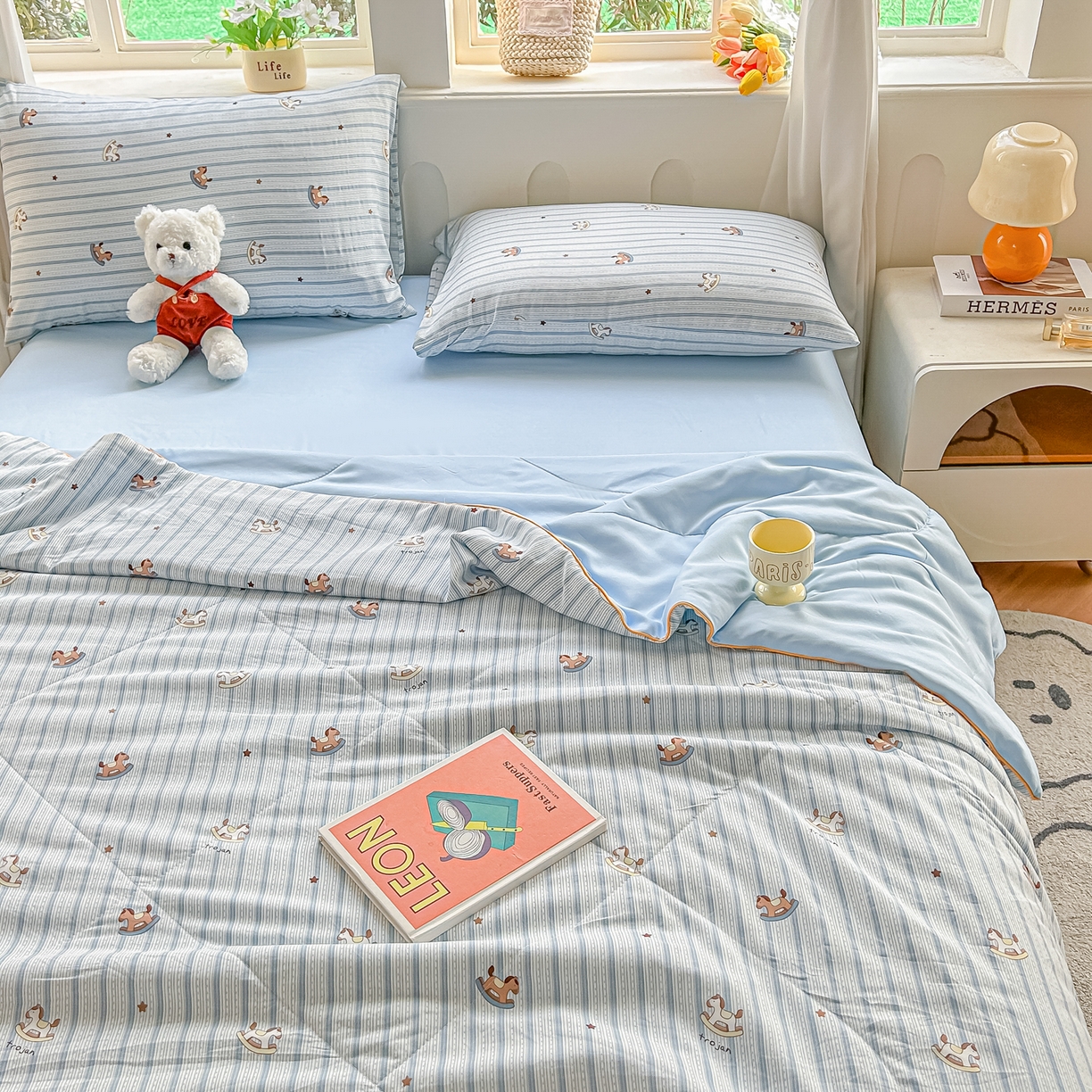 91家纺网 家纺一手货源 找家纺 富艺隆 2026新款A类水洗棉双层纱夏被空调被 皱皱纱夏凉被 蓝纹木马星