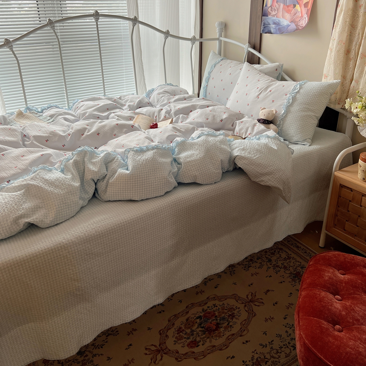 91家纺网 家纺一手货源 找家纺 繁花家居 2026殷桃晚风甜梦系列少女心拼接工艺四件套 晚风甜梦-蓝